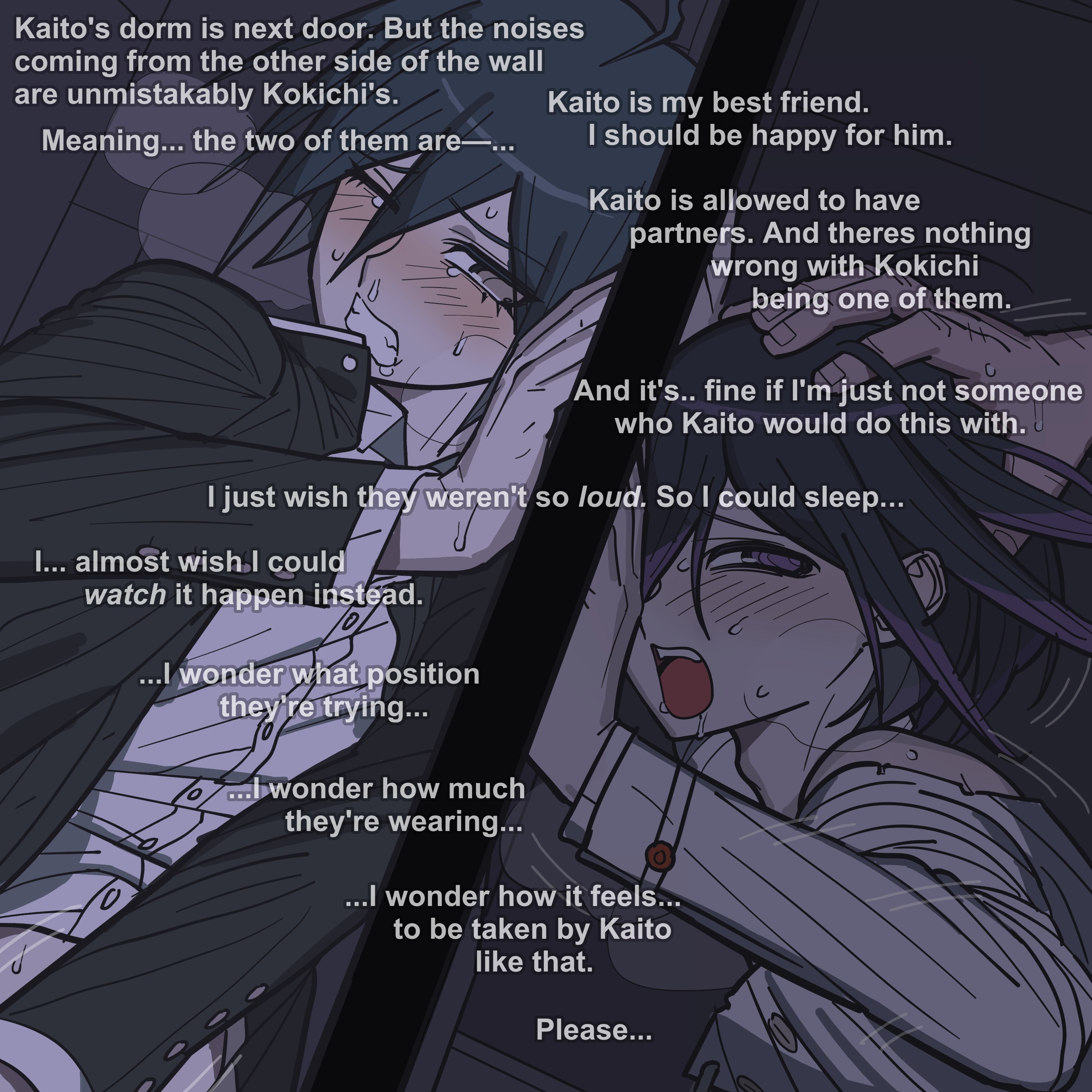 royalhorsie34, momota kaito, oma kokichi, saihara shuichi, danganronpa (series), danganronpa v3: killing harmony, absurdres, commentary, english commentary, highres, 3boys, against wall, ahoge, black hair, black jacket, blush, buttons, clenched teeth, collared shirt, dark background, eavesdropping, english text, eyelashes, flipped hair, from side, hair between eyes, hand on another's head, hand on wall, implied sex, jacket, long sleeves, male focus, male masturbation, masturbation, motion lines, multiple boys, narrowed eyes, no scarf, one eye closed, open mouth, out of frame, pale skin, purple eyes, purple hair, ringed eyes, saliva, shirt, short hair, sweat, tearing up, tears, teeth, upper body, white shirt, yaoi