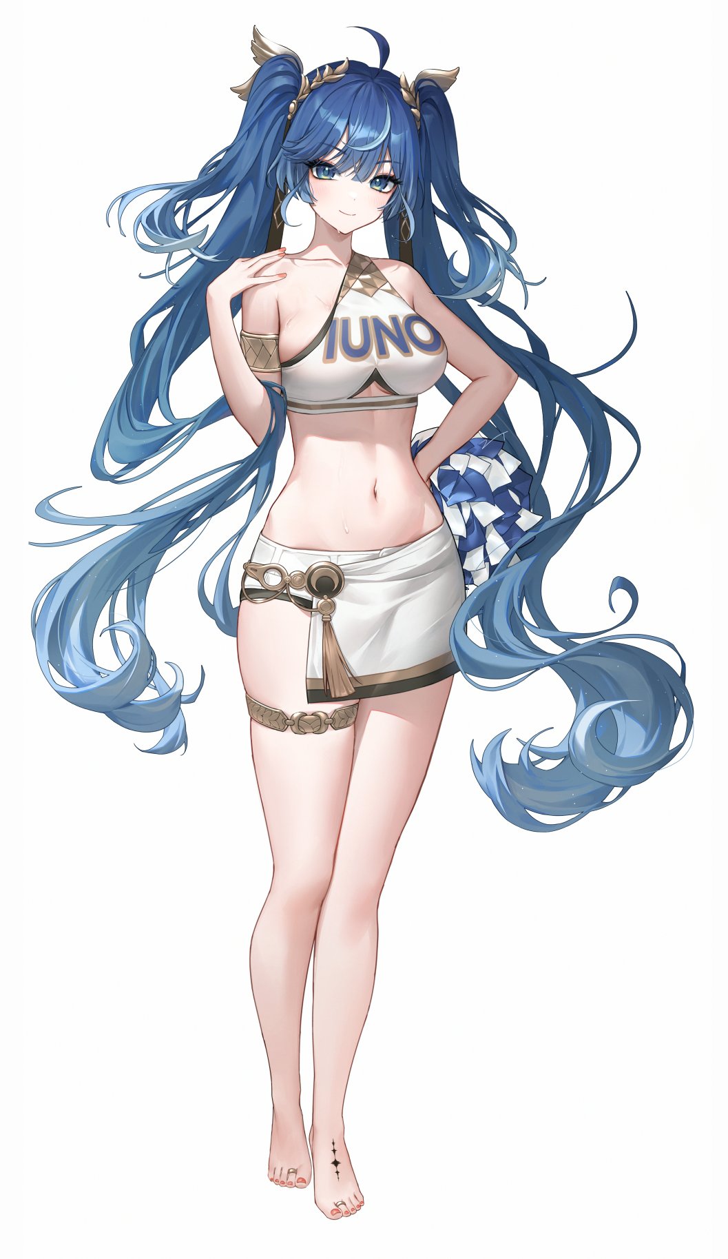 zua (2vziu), iuno (wuthering waves), wuthering waves, commentary, english commentary, highres, 1girl, ahoge, alternate costume, armlet, bare shoulders, barefoot, blue eyes, blue hair, breasts, character name, closed mouth, clothes writing, collarbone, feet, full body, gradient hair, hand on own hip, jewelry, laurel crown, long hair, looking at viewer, medium breasts, multicolored hair, navel, pom pom (cheerleading), simple background, skirt, smile, solo, sports bra, standing, stomach, streaked hair, sweat, tacet mark (wuthering waves), thighlet, thighs, toe ring, toes, twintails, very long hair, white background, white skirt, white sports bra