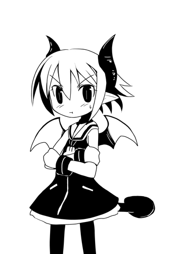 raspberyl, disgaea, makai senki disgaea, makai senki disgaea 2, makai senki disgaea 3, nippon ichi, lowres, 00s, bat wings, demon girl, dress, greyscale, horns, monochrome, pantyhose, pointy ears, solo, tail, wings