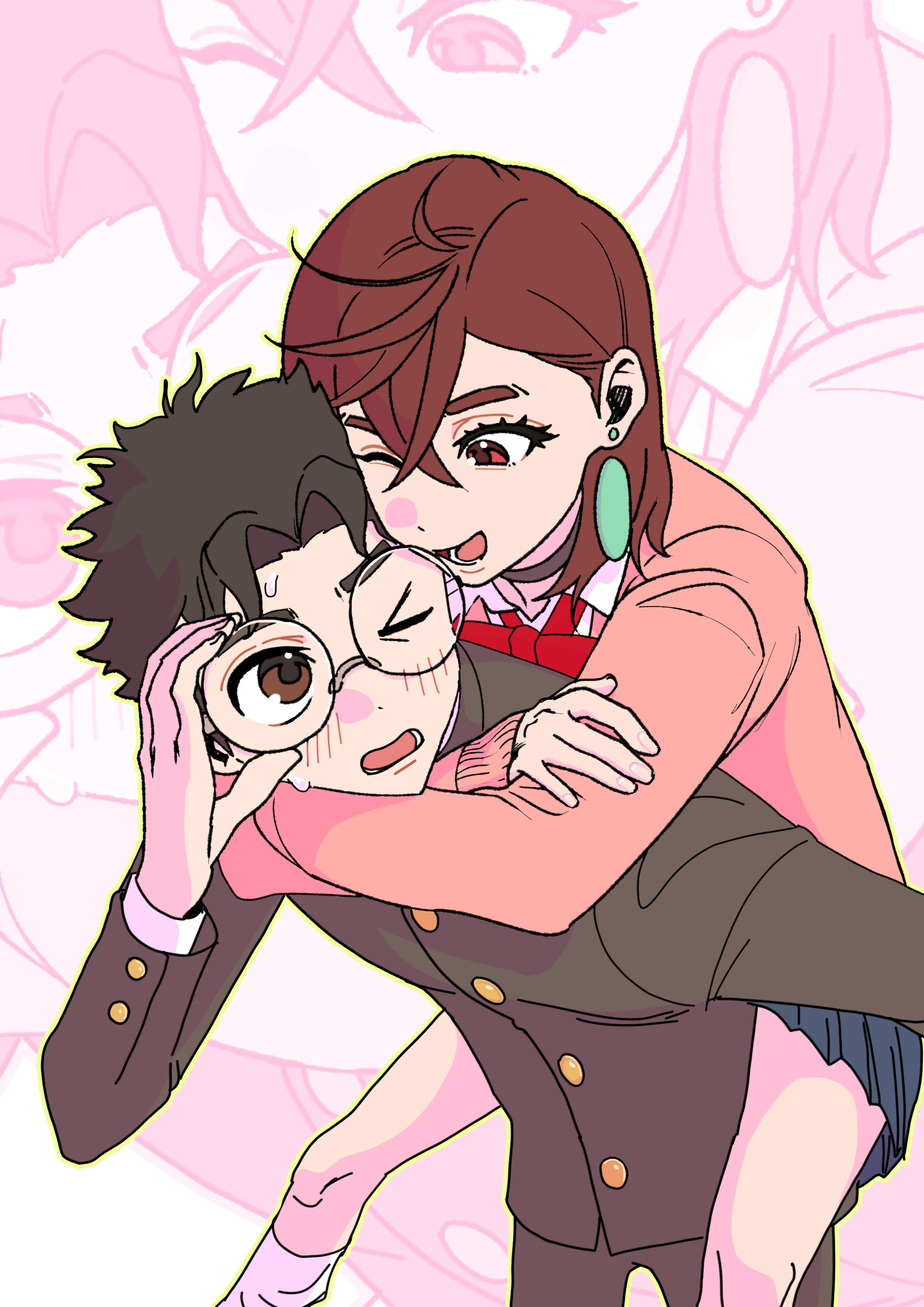 ayase momo, takakura ken (dandadan), dandadan, absurdres, highres, > o, 1boy, 1girl, adjusting eyewear, black choker, black jacket, black pants, blue skirt, blush, bow, bowtie, brown eyes, choker, collared shirt, couple, crossed bangs, earrings, feet out of frame, gakuran, glasses, gold buttons, hair between eyes, hetero, hug, hug from behind, jacket, jewelry, loose socks, medium hair, one eye closed, openakin, pants, parted bangs, pink sweater, pleated skirt, red bow, red bowtie, round eyewear, school uniform, shirt, short hair, skirt, socks, sweatdrop, sweater, thick eyebrows, upper body, white shirt, white socks