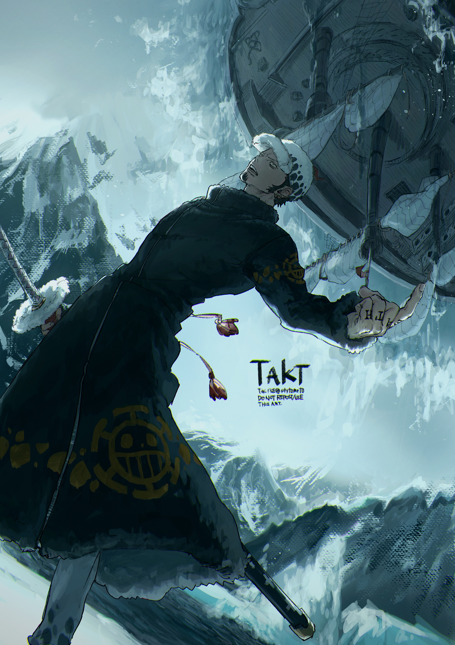 plytometo, trafalgar law, one piece, absurdres, commentary request, highres, 1boy, black coat, black hair, coat, facial hair, falling, finger tattoo, goatee, hat, index finger raised, long coat, long sleeves, male focus, open mouth, pants, ship, short hair, sword, tattoo, watercraft, weapon, white hat, white pants, yellow eyes