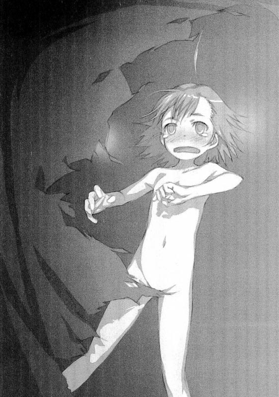 haimura kiyotaka, last order (toaru majutsu no index), toaru majutsu no index, toaru majutsu no index: old testament, 00s, 1girl, ahoge, blanket, blush, completely nude, female focus, greyscale, loli, monochrome, navel, nude, open mouth, scared, solo, tears, undressing