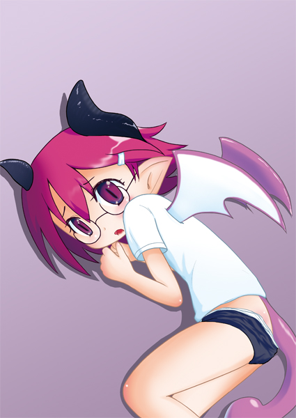 raspberyl, disgaea, makai senki disgaea 3, nippon ichi, buruma, buruma pull, clothes pull, demon girl, glasses, horns, pink eyes, pink hair, pointy ears, solo, tail, wings