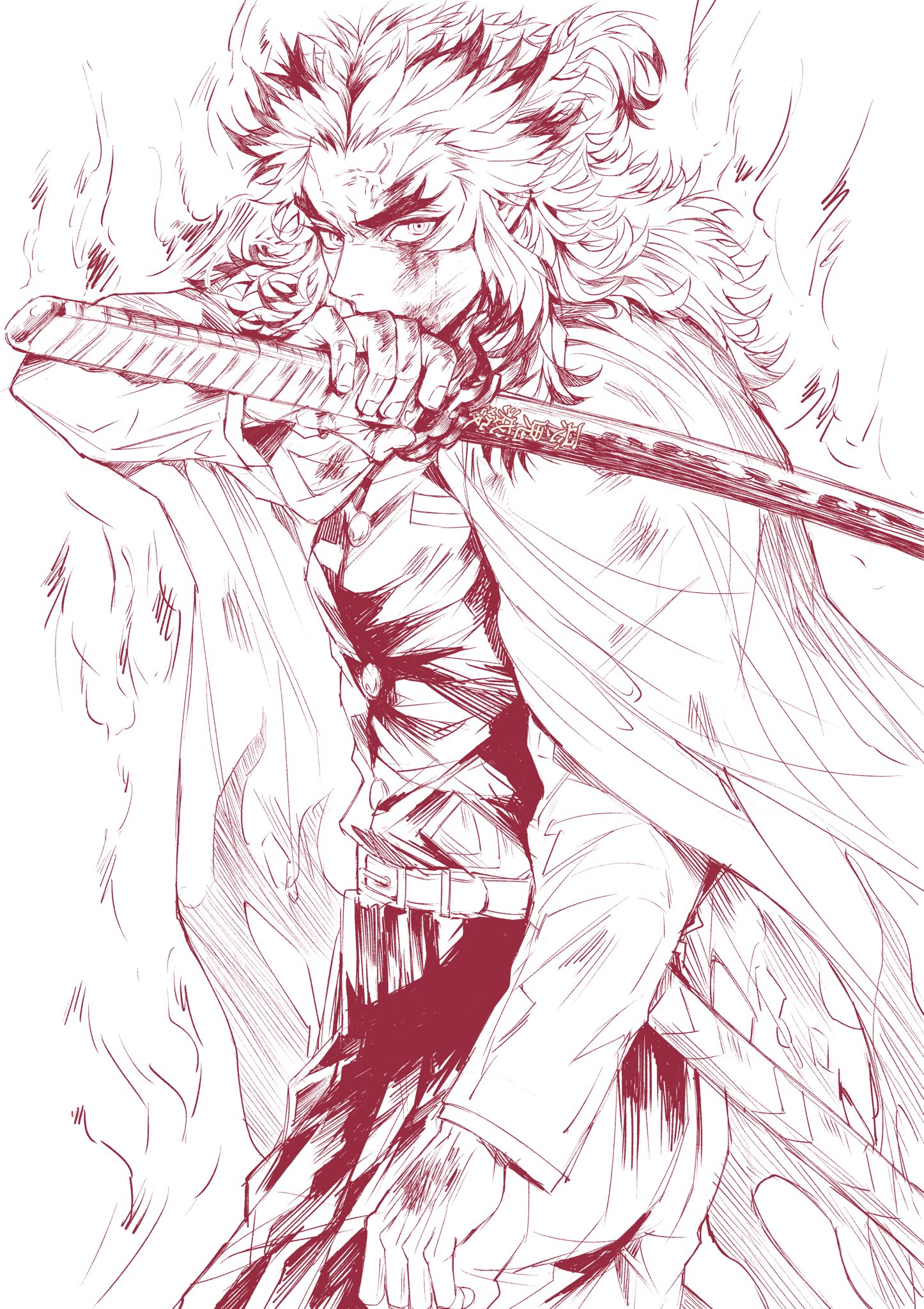 rengoku kyoujurou, kimetsu no yaiba, highres, 1boy, blood, blood on face, cow, demon slayer uniform, fire, forked eyebrows, furrowed brow, haori, holding, holding sword, holding weapon, japanese clothes, katana, long hair, male focus, renptuii05, sidelocks, sketch, solo, sword, veiny face, weapon