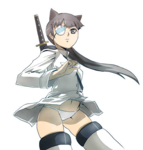 hamushima, sakamoto mio, strike witches, world witches series, white legwear, bad id, bad pixiv id, 00s, 1girl, animal ears, black necktie, blouse, cat ears, clothes lift, collared shirt, cowboy shot, eyepatch, female focus, holding, holding behind back, holding sword, holding sword behind back, holding weapon, holding weapon behind back, midriff peek, necktie, no pants, one eye covered, panties, sheath, sheathed, shirt, shirt lift, simple background, solo, sword, underwear, weapon, white background, white shirt