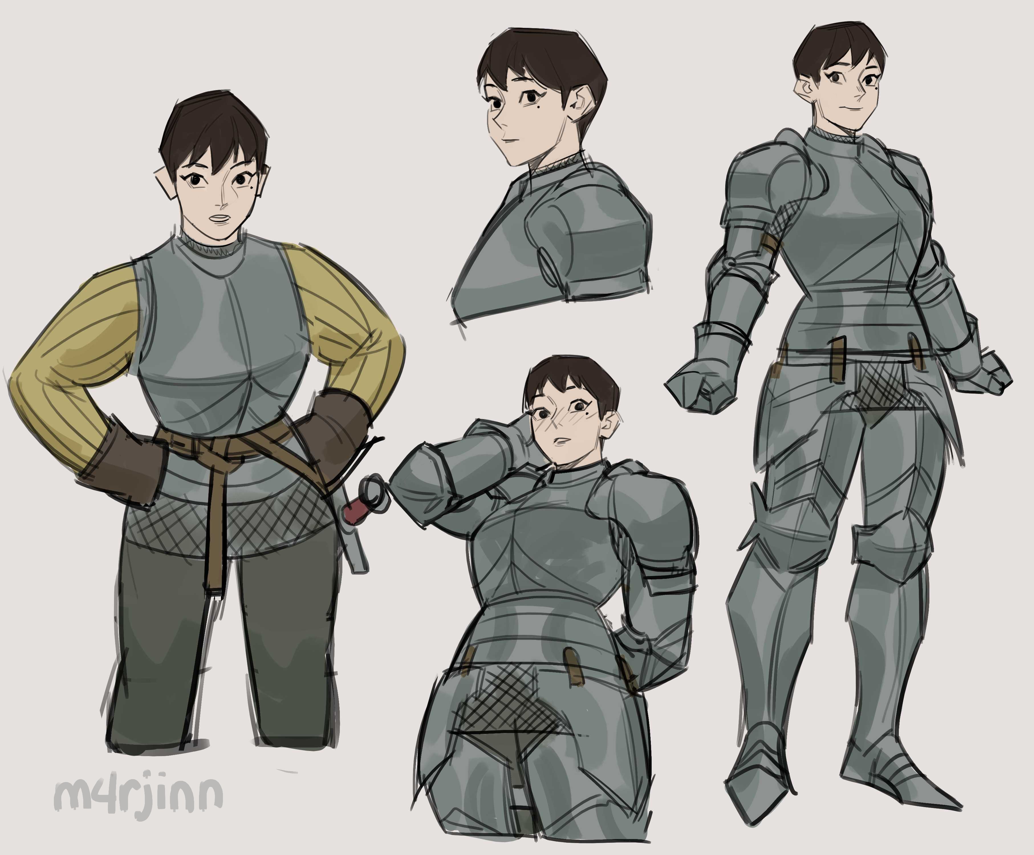 m4rjinn, original, absurdres, commentary, english commentary, highres, unfinished, 1girl, arm behind back, arm behind head, armor, artist name, belt, black eyes, black gloves, black hair, blush, breastplate, brown belt, clenched hands, closed mouth, cowboy shot, feet out of frame, full armor, full body, gloves, grey background, grey pants, hands on own hips, looking at viewer, looking to the side, mole, mole under eye, multiple views, nose, pants, parted lips, portrait, shirt, short hair, simple background, standing, sword, very short hair, weapon, yellow shirt
