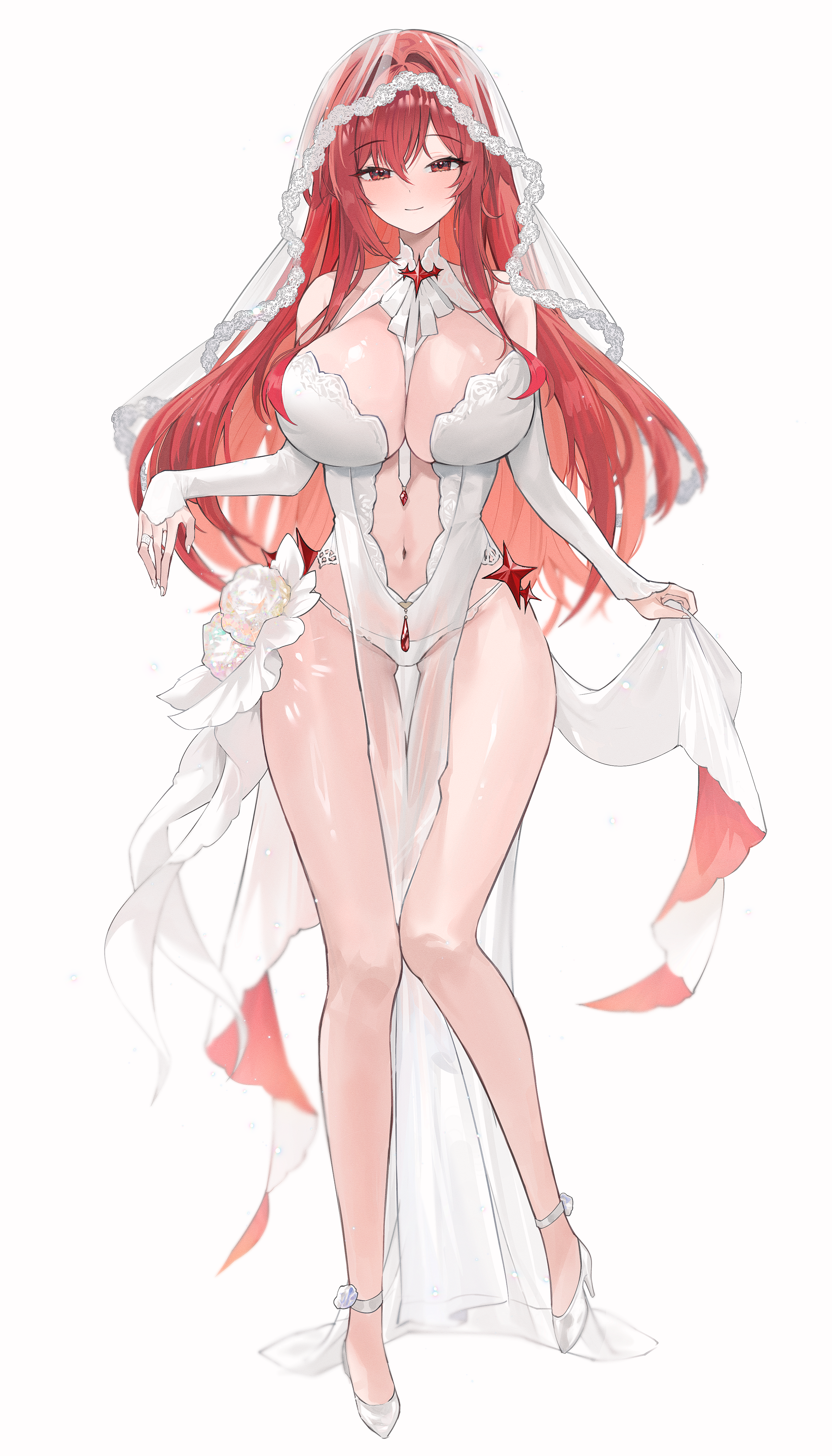 gurami (zangizarang), rapi (nikke), goddess of victory: nikke, absurdres, highres, 1girl, alternate costume, bare legs, bare shoulders, breasts, bridal veil, center opening, cleavage, closed mouth, detached sleeves, dress, full body, high heels, large breasts, long hair, long sleeves, looking at viewer, navel, nontraditional wedding dress, panties, pelvic curtain, red eyes, red hair, see-through clothes, see-through dress, see-through pelvic curtain, see-through veil, shoes, simple background, smile, solo, stomach, thigh gap, thighs, underwear, veil, very long hair, wedding dress, white background, white dress, white panties, white shoes