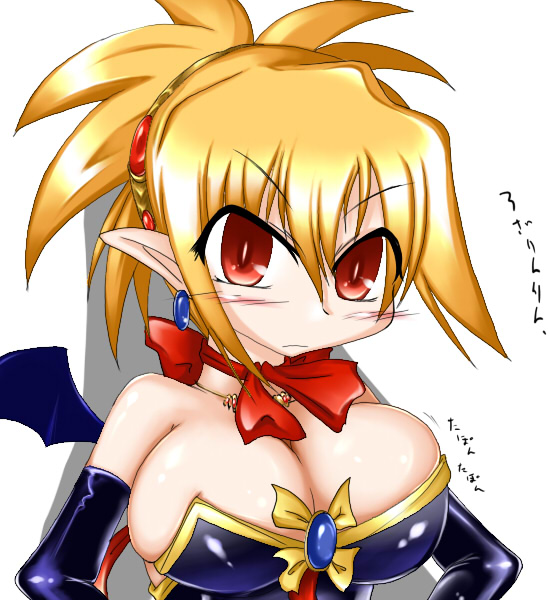 rozalin, disgaea, makai senki disgaea, makai senki disgaea 2, makai senki disgaea 3, nippon ichi, 00s, 1girl, bat wings, blonde hair, blush, bow, breasts, cleavage, demon girl, elbow gloves, female focus, gloves, pointy ears, red eyes, solo, wings, yellow bow
