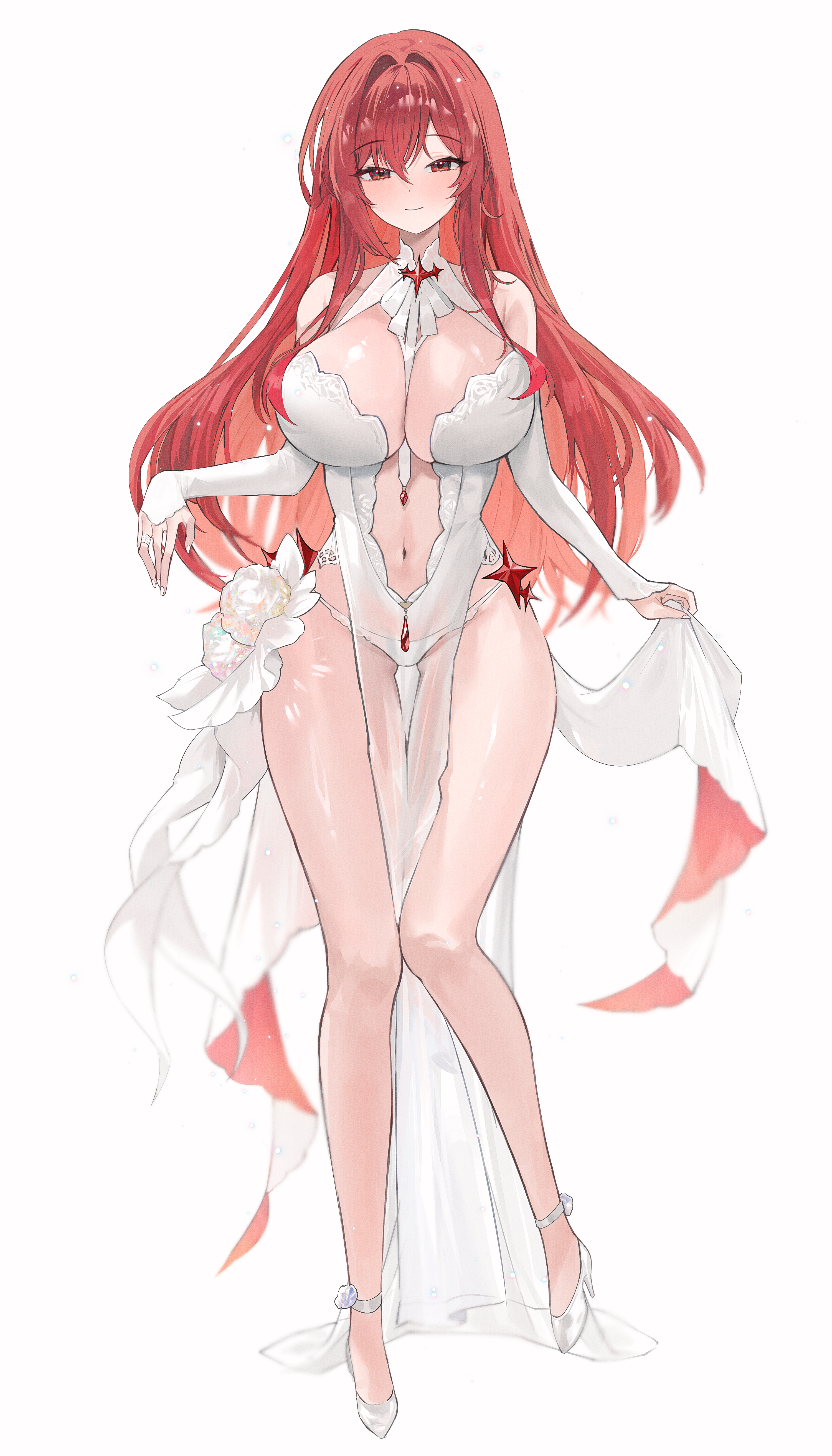 gurami (zangizarang), rapi (nikke), goddess of victory: nikke, absurdres, highres, 1girl, alternate costume, bare legs, bare shoulders, breasts, center opening, cleavage, closed mouth, detached sleeves, dress, full body, high heels, large breasts, long hair, long sleeves, looking at viewer, navel, nontraditional wedding dress, panties, pelvic curtain, red eyes, red hair, see-through clothes, see-through dress, see-through pelvic curtain, shoes, simple background, smile, solo, stomach, thigh gap, thighs, underwear, very long hair, wedding dress, white background, white dress, white panties, white shoes