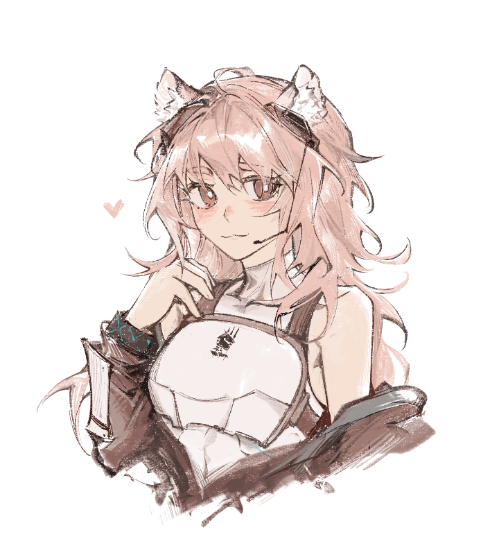 gravel (arknights), infection monitor (arknights), arknights, chinese commentary, commentary request, 1girl, animal ear fluff, animal ears, armor, bare shoulders, bright pupils, brown eyes, brown jacket, closed mouth, cropped torso, hair between eyes, haishen miwang de jiyi, heart, jacket, kazimierz logo, light smile, long hair, long sleeves, looking at viewer, off shoulder, pink hair, simple background, sleeveless, solo, turtleneck, white background, white pupils