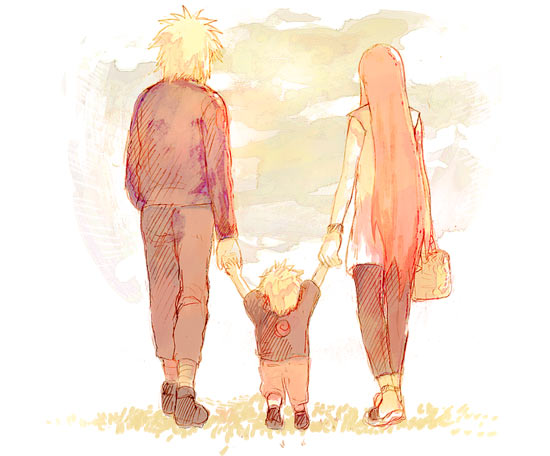 namikaze minato, uzumaki kushina, uzumaki naruto, naruto (classic), naruto (series), naruto shippuuden, artist request, 1girl, 2boys, age difference, bag, blonde hair, child, family, father and son, from behind, holding hands, long hair, mother and son, multiple boys, red hair, sandals, shoes, standing, very long hair, walking