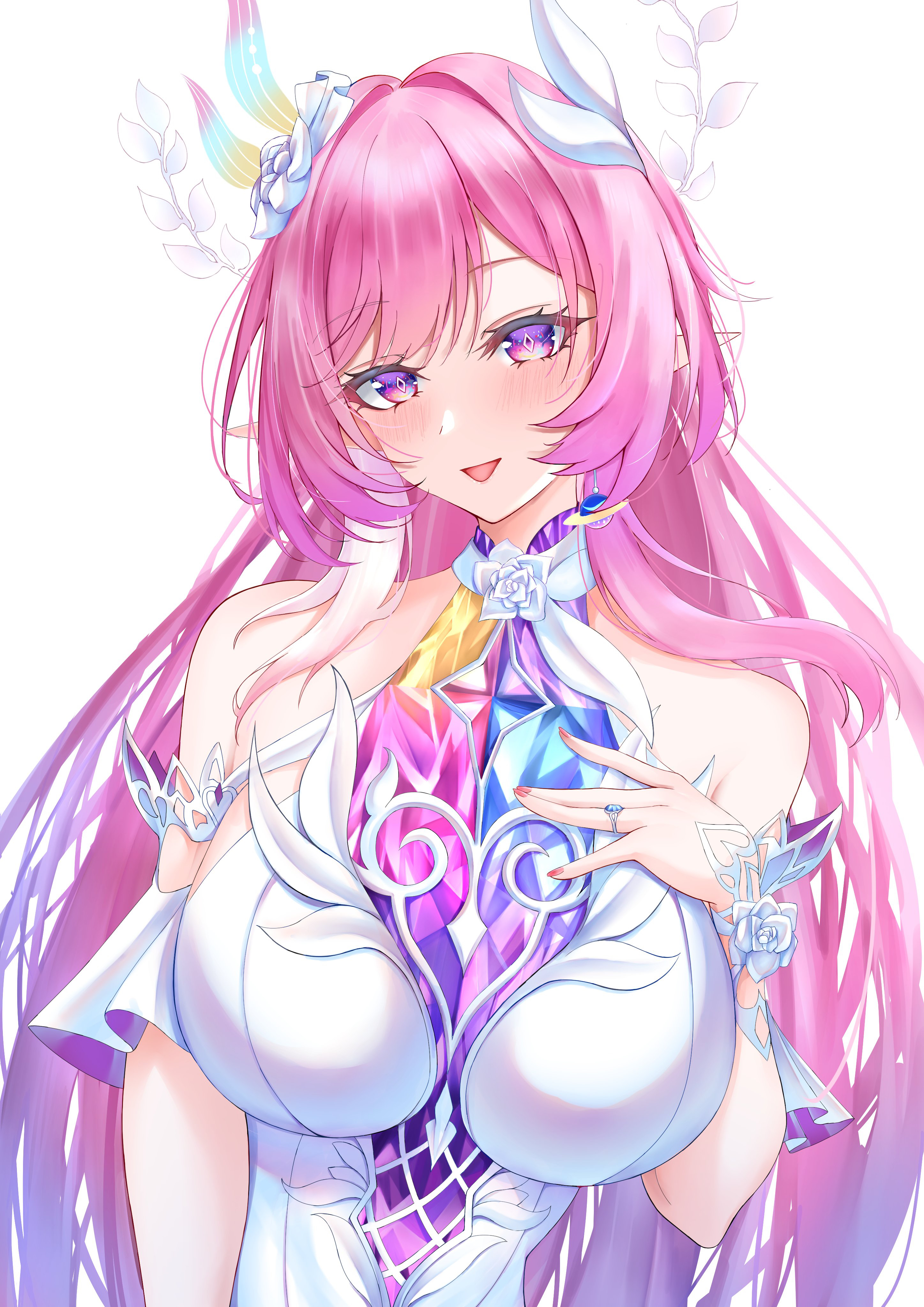 match (scp115), cyrene (honkai: star rail), cyrene (ripples of past reverie) (honkai: star rail), honkai: star rail, honkai (series), absurdres, commentary request, highres, 1girl, bare shoulders, breasts, diamond-shaped pupils, diamond (shape), earrings, flower, hair flower, hair ornament, halo, jewelry, large breasts, long hair, looking at viewer, multicolored hair, pink hair, pink nails, pointy ears, purple eyes, ring, simple background, smile, solo, symbol-shaped pupils, two-tone hair, very long hair, wedding ring, white background, white hair