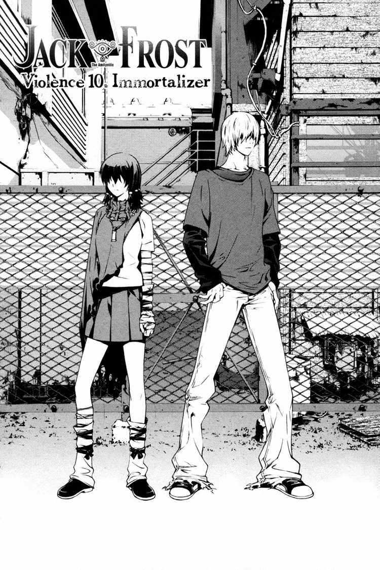ally, jack frost (megami tensei), 1boy, 1girl, arm warmers, black hair, chain-link fence, comic, denim, fence, greyscale, hair over eyes, jeans, jewelry, leg warmers, monochrome, pants, pendant, poncho, shoes, short hair, skirt, sneakers, socks