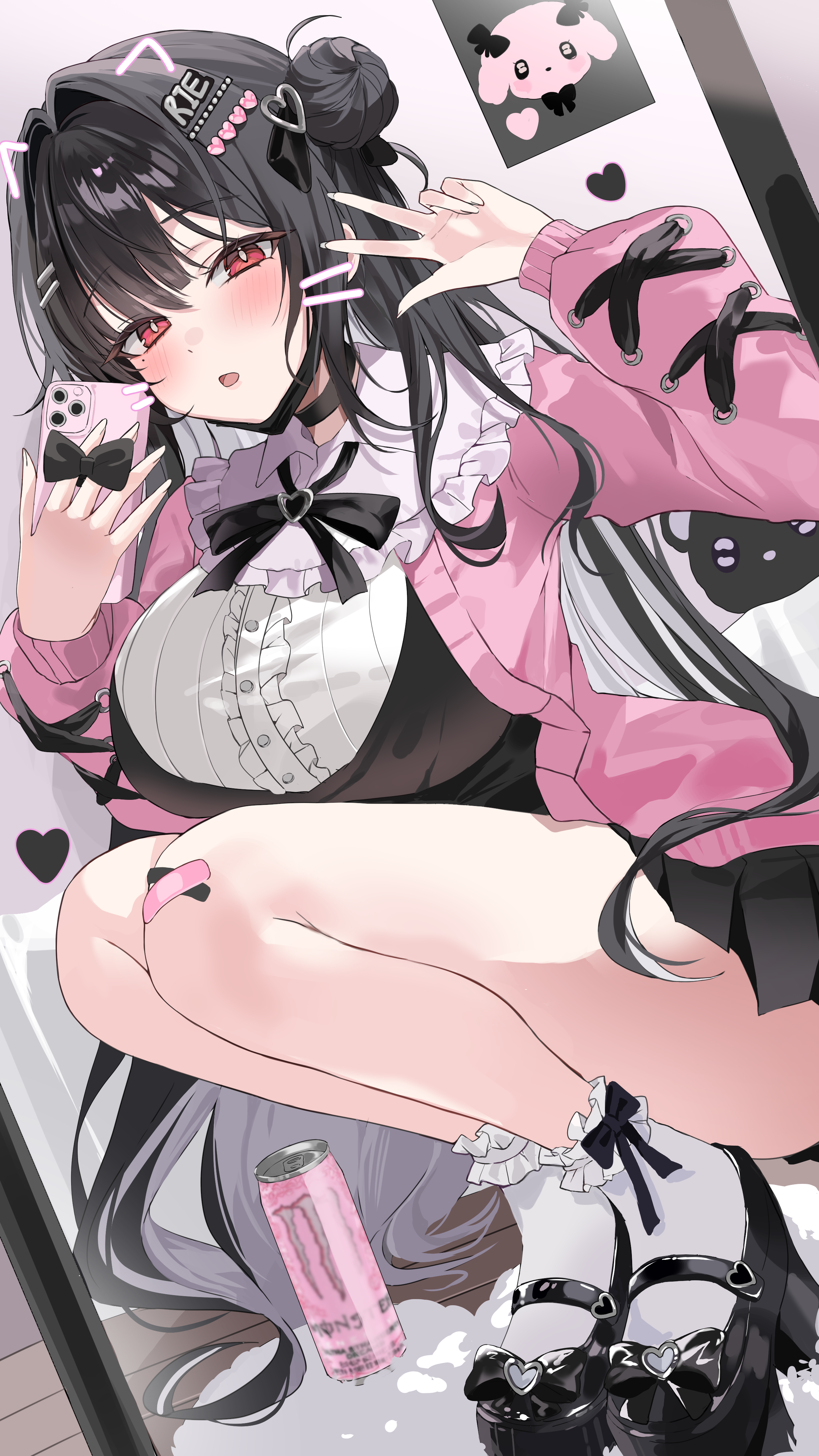 hailiu, rie (mirae yang), monster energy, original, absurdres, commission, highres, second-party source, 1girl, black choker, black hair, black shirt, black shoes, black skirt, breasts, bright pupils, center frills, choker, frills, hair bun, hair ornament, hairclip, holding, holding phone, jacket, jirai kei, large breasts, long hair, long sleeves, looking at viewer, mask, mask pull, miniskirt, mouth mask, multicolored hair, open clothes, open jacket, open mouth, phone, pink jacket, platform shoes, pleated skirt, red eyes, shirt, shoes, skirt, socks, solo, squatting, thighs, two-tone hair, very long hair, white hair, white socks