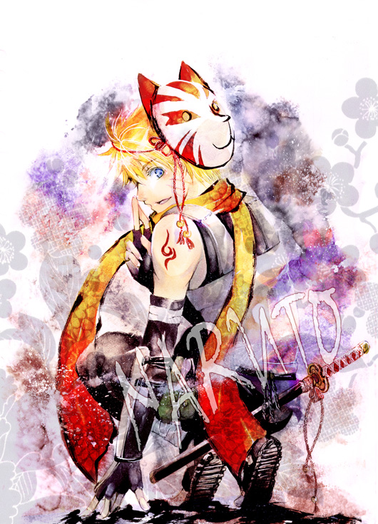 ezoezo, uzumaki naruto, naruto (classic), naruto (series), anbu, blonde hair, blue eyes, facial mark, fox mask, katana, male focus, mask, shoulder tattoo, sideways mouth, solo, spiked hair, sword, tattoo, weapon, whisker markings