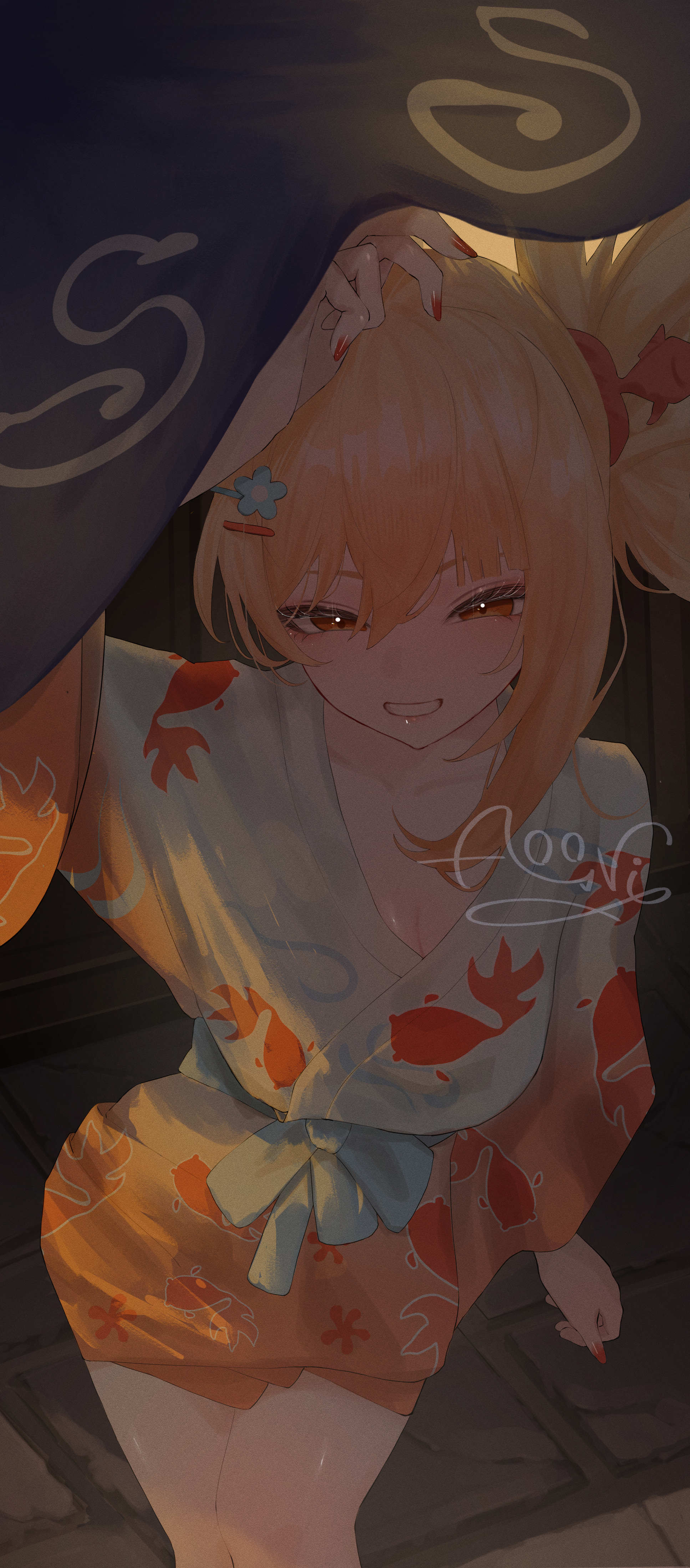aooni 09, yoimiya (genshin impact), genshin impact, absurdres, highres, 1girl, animal print, blonde hair, blush, breasts, cleavage, fish print, grin, hair between eyes, japanese clothes, kimono, large breasts, long hair, orange kimono, red eyes, red nails, short kimono, side ponytail, smile, solo