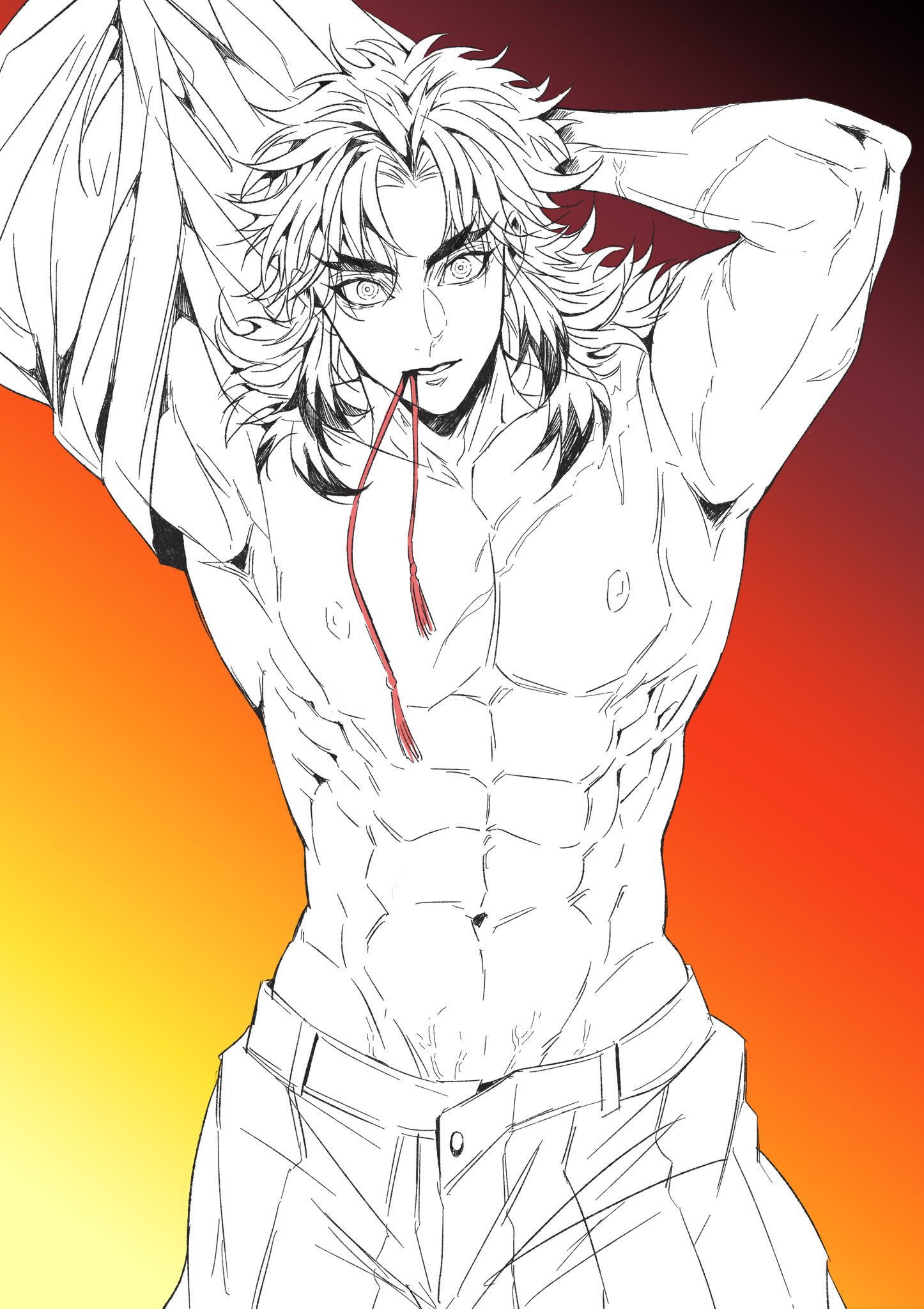 rengoku kyoujurou, kimetsu no yaiba, highres, 1boy, abs, arms behind head, cow, facial scar, forked eyebrows, gradient background, hakama, hakama pants, japanese clothes, long hair, male focus, mouth hold, muscular, muscular male, pants, parted bangs, renptuii05, ribbon, ribbon in mouth, scar, scar on arm, scar on cheek, scar on face, sidelocks, solo, topless male, veiny stomach