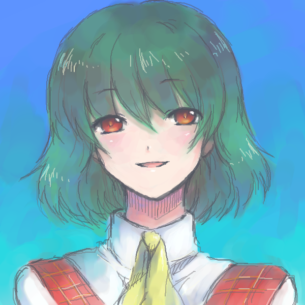 onimaru gonpei, kazami yuuka, touhou, 1girl, ascot, blue background, blush, female focus, green hair, plaid clothes, plaid vest, portrait, red eyes, short hair, sketch, smile, solo, vest