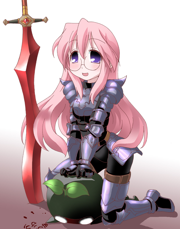 kaji sakaki, dark knight (final fantasy), takara miyuki, final fantasy, final fantasy xi, lucky star, bad id, bad pixiv id, 1girl, armor, blue eyes, cosplay, dark knight, female focus, glasses, long hair, pink hair, solo, spiked armor, spikes, sword, weapon