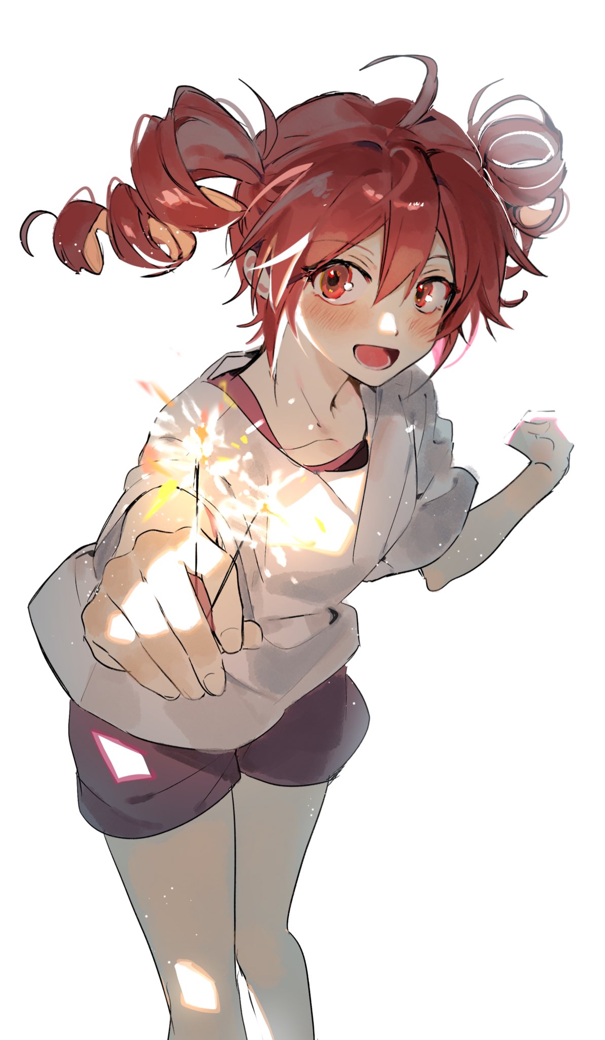 samsap, kasane teto, utau, hashtag-only commentary, highres, 1girl, :d, ahoge, black shorts, blush, double-parted bangs, drill hair, feet out of frame, hair between eyes, holding, holding fireworks, looking at viewer, open mouth, red eyes, red hair, shirt, short hair, short sleeves, shorts, simple background, smile, solo, standing, twin drills, white background, white shirt