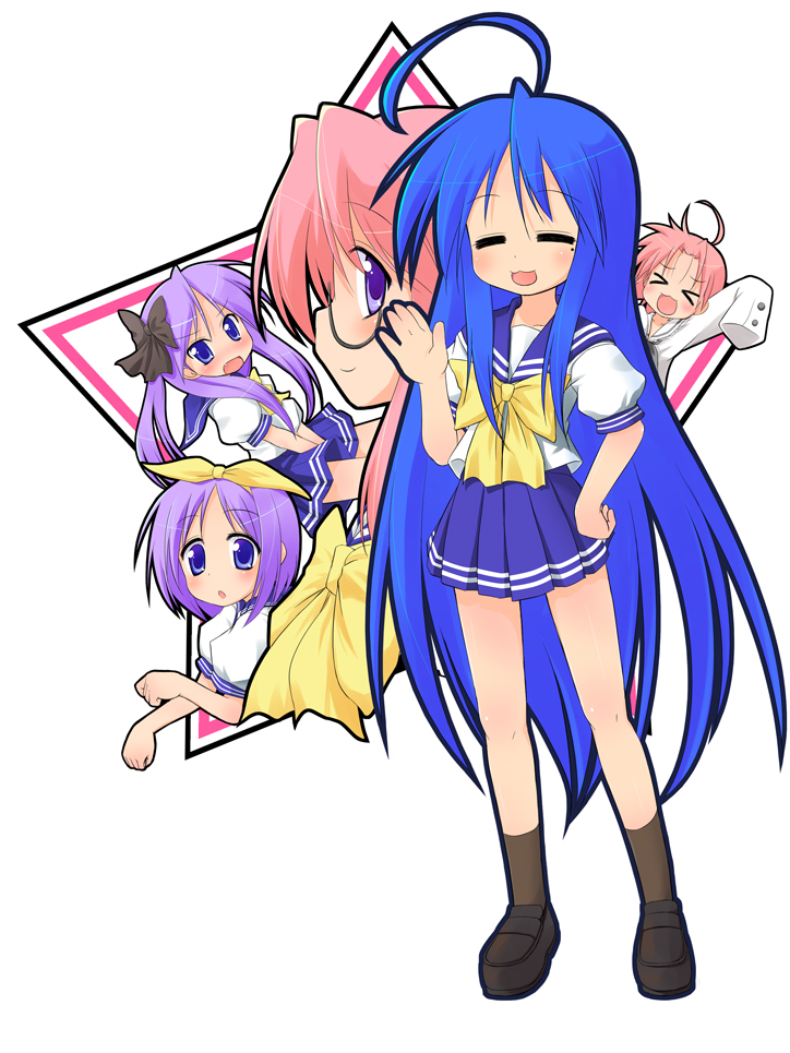 sw (taco), hiiragi kagami, hiiragi tsukasa, izumi konata, kogami akira, takara miyuki, lucky star, > <, 00s, 5girls, = =, ahoge, blue hair, closed eyes, glasses, long hair, mole, mole under eye, multiple girls, pink hair, purple hair, school uniform, serafuku, siblings, sisters, twins, very long hair, waving