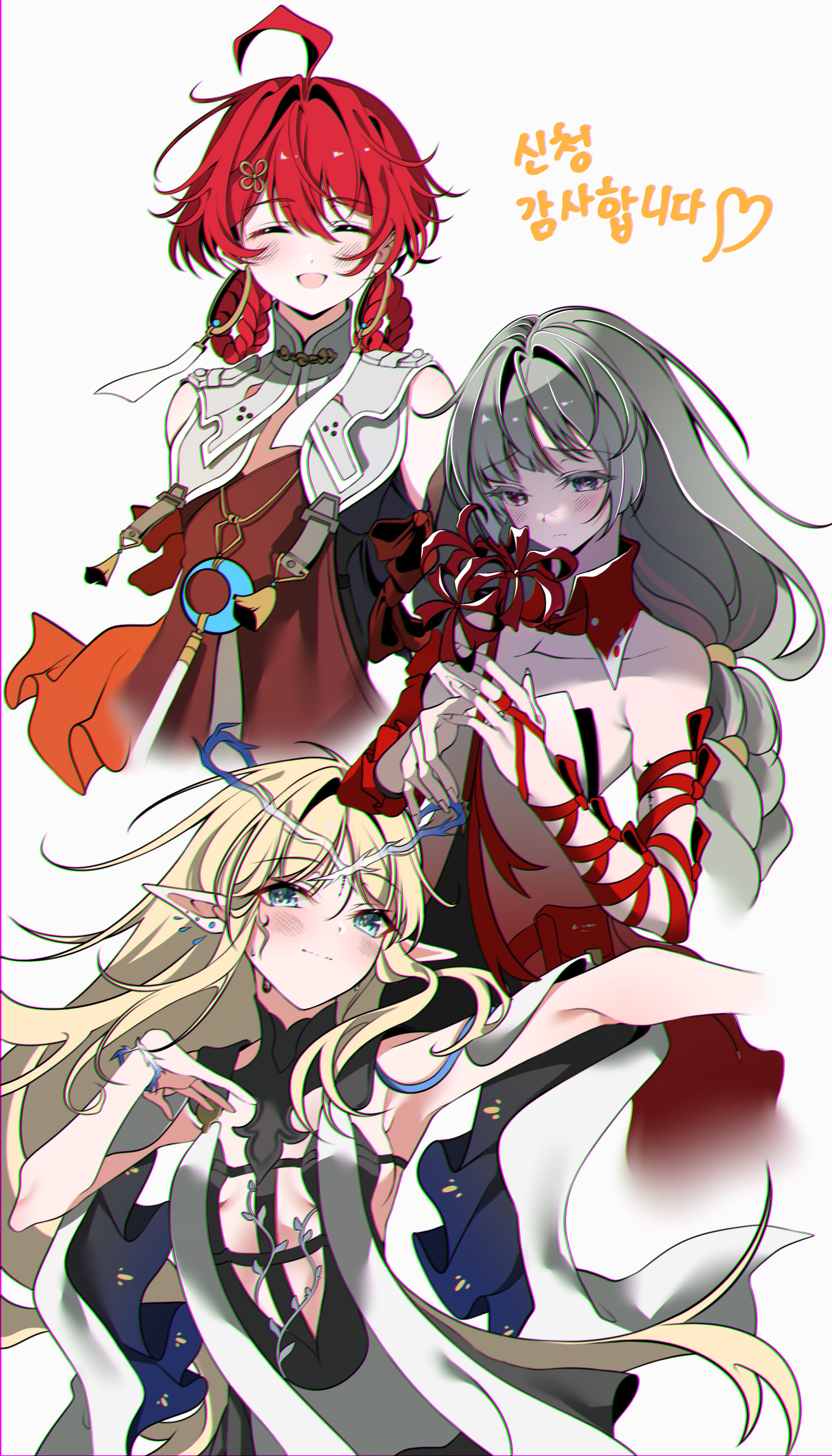 smu (xhsg8274), cartethyia (wuthering waves), danjin (wuthering waves), phrolova (wuthering waves), wuthering waves, absurdres, highres, translation request, 3girls, :d, ^ ^, ahoge, armpit crease, bare arms, bare shoulders, blonde hair, blue eyes, blush, bracelet, braid, braided hair rings, breast curtains, breasts, chromatic aberration, closed eyes, closed mouth, colored eyelashes, cropped torso, crown of thorns, detached collar, detached sleeves, earrings, flower, flower hairpin, flower knot, forehead tattoo, furrowed brow, green hair, grey eyes, hair rings, hands up, heterochromia, holding, holding flower, hoop earrings, jewelry, korean text, long hair, long sidelocks, looking ahead, looking at object, low-braided long hair, low-tied long hair, mandarin collar, middle part, multiple earrings, multiple girls, ofuda earrings, open mouth, outstretched arm, pankou, parted bangs, pendant, pointy ears, puritan collar, red eyes, red flower, red hair, red tabard, sidelocks, simple background, single detached sleeve, sleeveless, small breasts, smile, spider lily, strapless, tabard, tacet mark (wuthering waves), tassel, tattoo, turtleneck, white background, wing collar