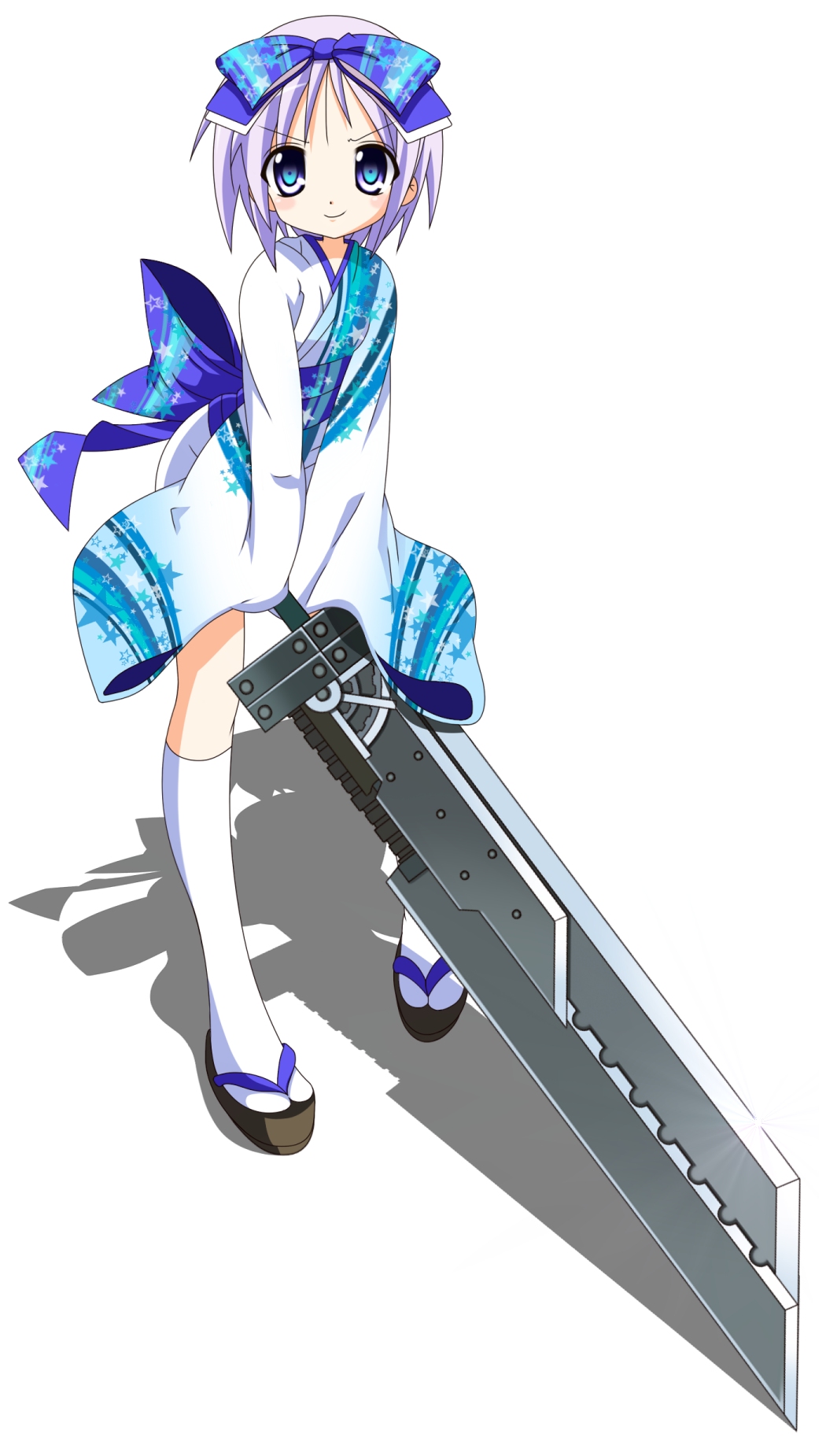 rindou (awoshakushi), hiiragi tsukasa, final fantasy, final fantasy vii, lucky star, highres, 1girl, crossover, female focus, huge weapon, japanese clothes, kimono, kneehighs, parody, socks, solo, sword, weapon