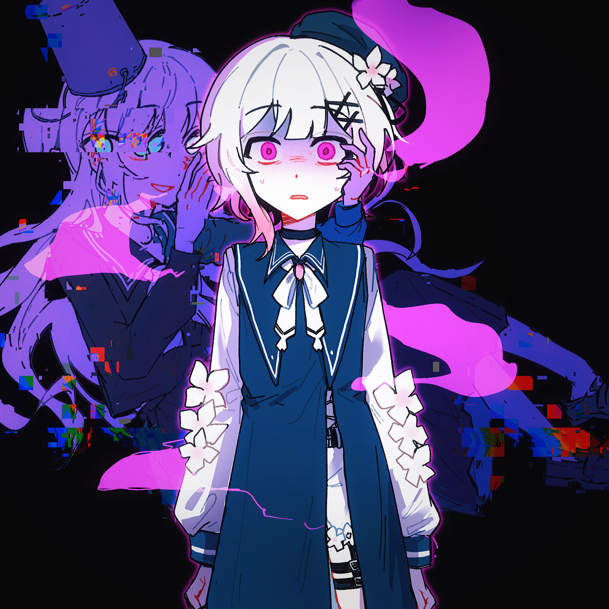 sakuraba ema, mahou shoujo no majo saiban, commentary request, highres, spoilers, 2girls, arms at sides, behind another, beret, black background, black hat, black serafuku, black shirt, black skirt, bucket, bucket on head, cherry blossoms, constricted pupils, floating, flower, ghost, glitch, gradient hair, hair ornament, hat, hat flower, kurosukyu, long hair, long sleeves, looking at viewer, magical girl, multicolored hair, multiple girls, nervous sweating, object on head, open mouth, pink eyes, pink hair, pleated skirt, school uniform, serafuku, shirt, short hair, skirt, smile, standing, sweat, tsukishiro yuki, white hair, x hair ornament