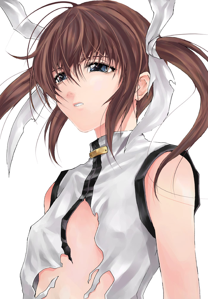 raid slash, takamachi nanoha, lyrical nanoha, mahou shoujo lyrical nanoha, mahou shoujo lyrical nanoha a's, mahou shoujo lyrical nanoha strikers, 00s, blue eyes, brown hair, solo, torn clothes, twintails