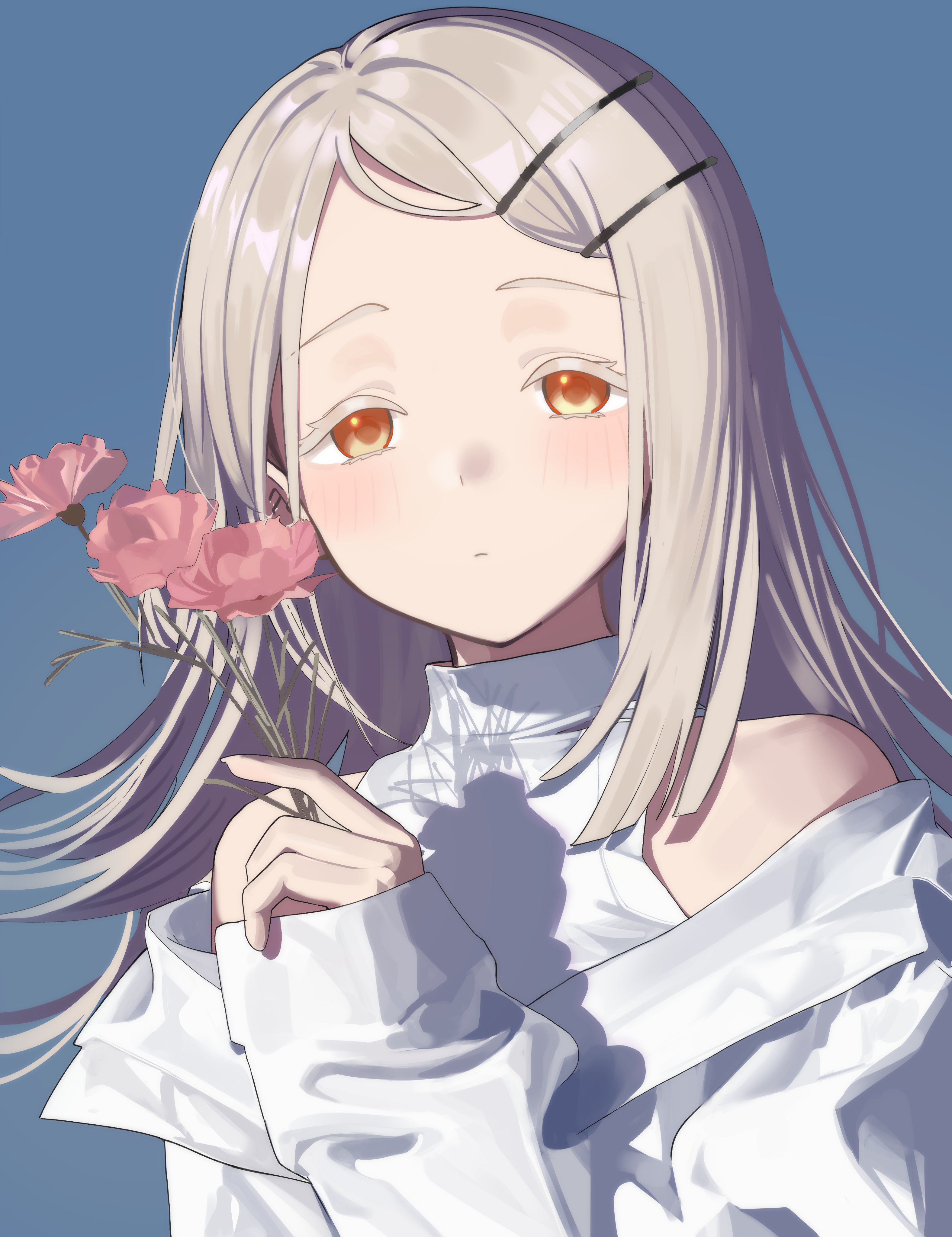 aweqdre, shinosawa hiro, gakuen idolmaster, idolmaster, absurdres, hashtag-only commentary, highres, 1girl, bare shoulders, blonde hair, blue background, blush, closed mouth, colored eyelashes, expressionless, flipped hair, flower, hair ornament, hairclip, hand up, holding, holding flower, jacket, long hair, long sleeves, looking at viewer, off shoulder, orange eyes, parallel hairclips, parted bangs, red flower, shade, shirt, simple background, sleeveless, sleeveless shirt, sleeveless turtleneck, sleeves past wrists, solo, turtleneck, upper body, white jacket