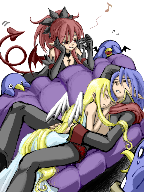 etna (disgaea), flonne, laharl, prinny, disgaea, makai senki disgaea, makai senki disgaea 2, makai senki disgaea 3, nippon ichi, 00s, 1boy, 2girls, aged up, blonde hair, blue hair, camera, demon, demon boy, demon girl, long hair, multiple girls, nap, pointy ears, red eyes, sleeping, tail
