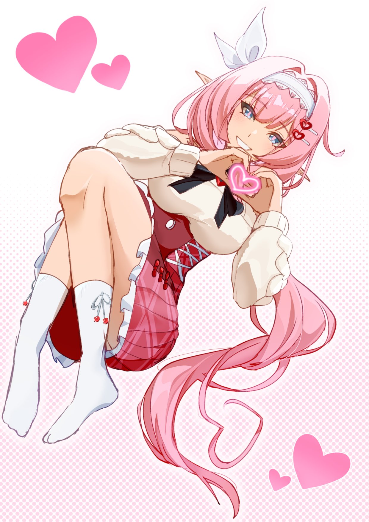 332e e, elysia (honkai impact), honkai (series), honkai impact 3rd, commentary request, highres, 1girl, blue eyes, breasts, elf, hairband, heart, heart hands, large breasts, long hair, looking at viewer, no shoes, pink hair, pointy ears, polka dot, polka dot background, red skirt, shirt, skirt, smile, socks, solo, thighs, very long hair, white hairband, white shirt, white socks