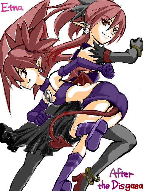 etna (disgaea), disgaea, makai senki disgaea, makai senki disgaea 2, makai senki disgaea 3, nippon ichi, 00s, 1girl, aged up, bat wings, child, collar, demon girl, elbow gloves, flat chest, gloves, miniskirt, multiple views, pointy ears, red eyes, red hair, skirt, tail, thighhighs, twintails, wings
