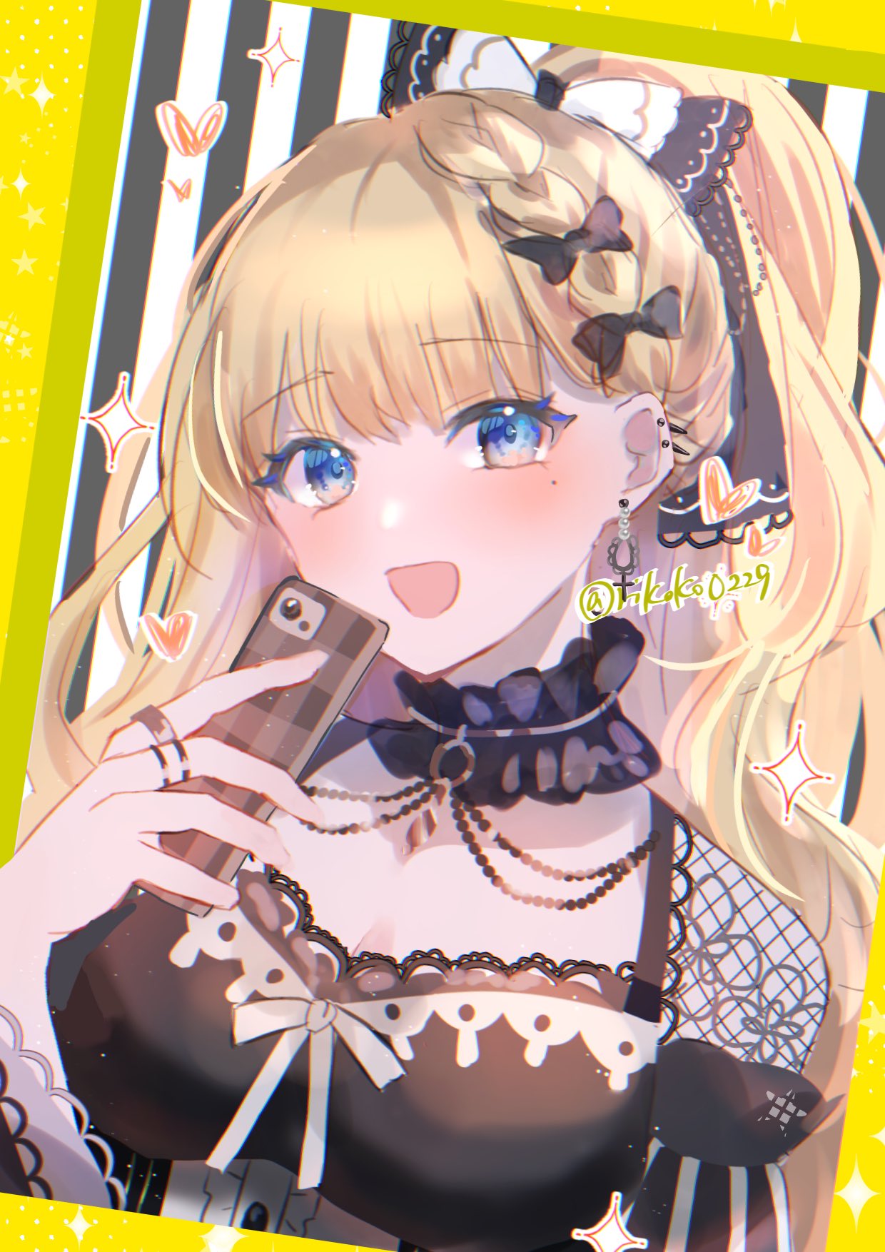 rikako0229, saeki miria, mahou shoujo no majo saiban, highres, 1girl, :d, black bow, black choker, blonde hair, blue eyes, border, bow, braid, breasts, cellphone, choker, cleavage, cross, cross earrings, ear piercing, earrings, frilled choker, frills, hair bow, hand up, heart, holding, holding phone, jewelry, large breasts, long hair, looking at viewer, magical girl, mole, mole under eye, one side up, open mouth, phone, piercing, ribbon, smartphone, smile, sparkle, white ribbon