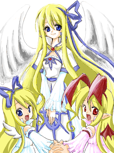 flonne, flonne (fallen angel), disgaea, makai senki disgaea, makai senki disgaea 2, makai senki disgaea 3, nippon ichi, 00s, aged up, bat wings, blonde hair, blue eyes, child, demon girl, dress, dual persona, elbow gloves, fallen angel, gloves, long hair, red eyes, ribbon, wings