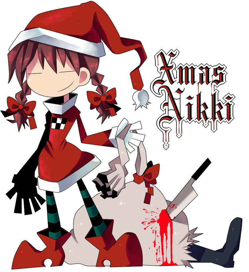 funamusea (artist), mogeko, madotsuki, yume nikki, bad id, bad pixiv id, 1girl, bag, blood, braid, chibi, christmas, death, female focus, hair ribbon, hat, knife, pantyhose, ribbon, sack, santa costume, santa hat, solo, twin braids
