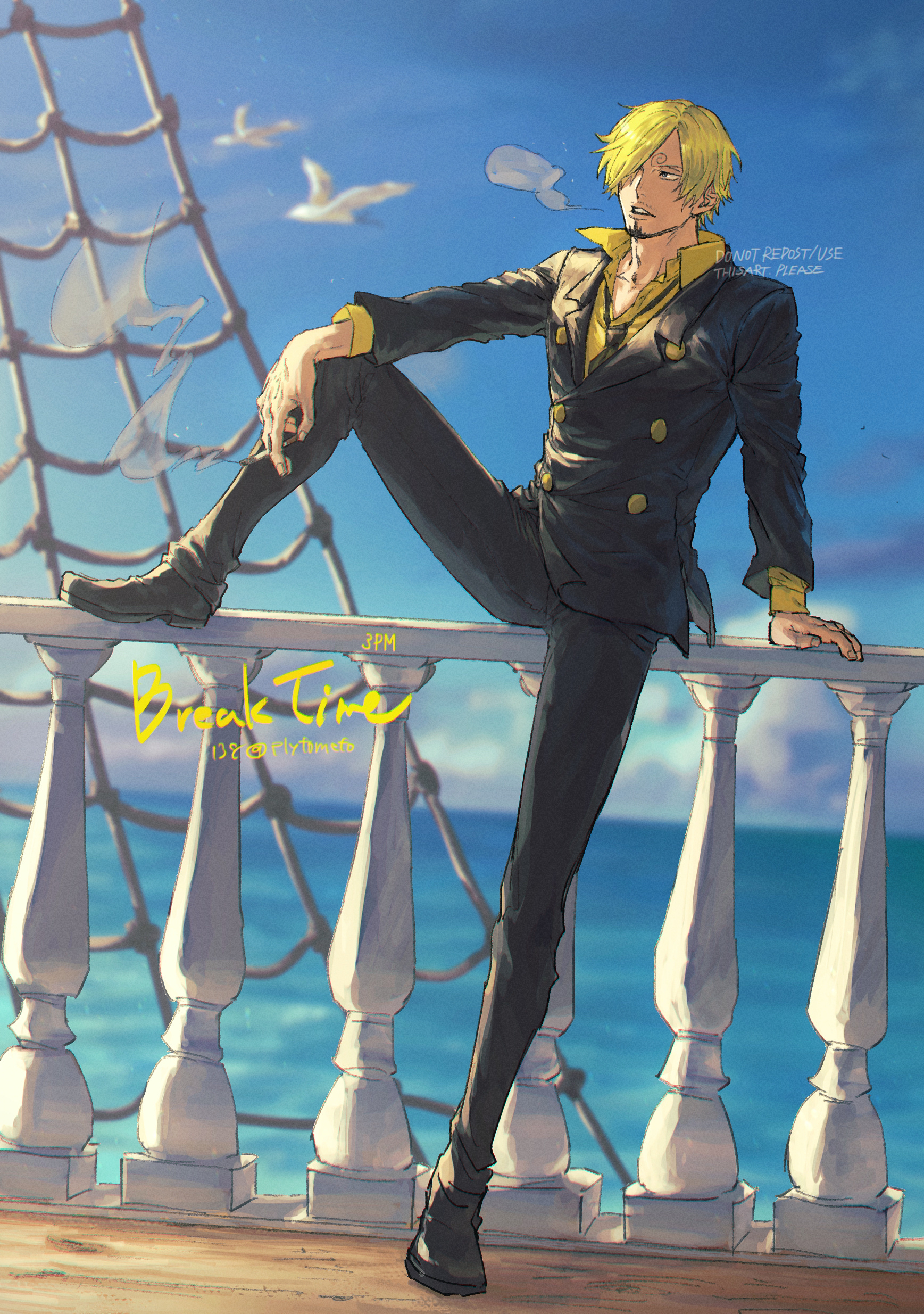 plytometo, sanji (one piece), one piece, absurdres, highres, 1boy, against railing, arm support, bird, black jacket, black necktie, black pants, black shoes, blonde hair, blue sky, cigarette, curly eyebrows, english text, facial hair, formal clothes, goatee, holding, holding cigarette, jacket, long sleeves, male focus, necktie, outdoors, pants, railing, seagull, shirt, shoes, short hair, sitting, sky, smoke, solo, suit, yellow shirt