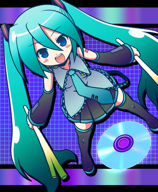 waiai, hatsune miku, vocaloid, aqua hair, blue eyes, cd, detached sleeves, long hair, necktie, skirt, solo, spring onion, thighhighs, twintails