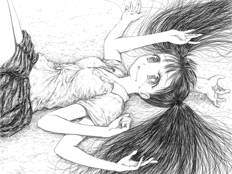 xai, monoko, yume nikki, 1girl, breasts, female focus, greyscale, legs up, looking at viewer, lying, monochrome, on back, pleated skirt, raised eyebrows, skirt, solo, twintails, upper body