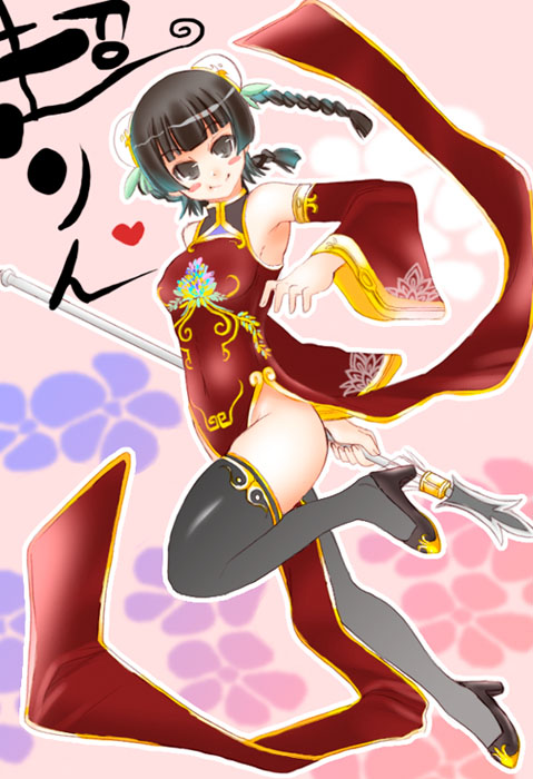 mabuchoco m, chao lingshen, mahou sensei negima!, 00s, armpits, bare shoulders, black eyes, black hair, braid, bun cover, china dress, chinese clothes, detached sleeves, double bun, dress, no panties, solo, staff, thighhighs, twin braids, zettai ryouiki