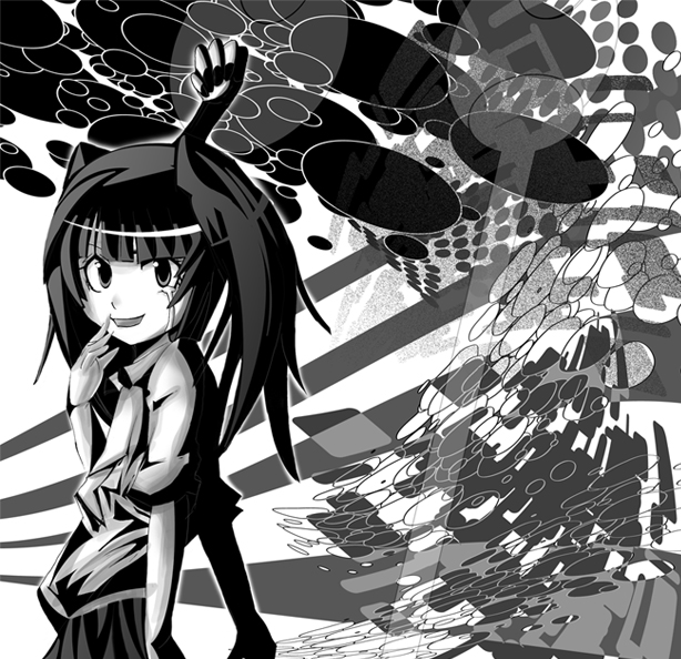 haruhara, monoko, yume nikki, bad id, bad pixiv id, 1girl, blunt bangs, evil smile, female focus, greyscale, long hair, long sleeves, looking at viewer, monochrome, monster, pleated skirt, skirt, smile, solo, standing, twintails