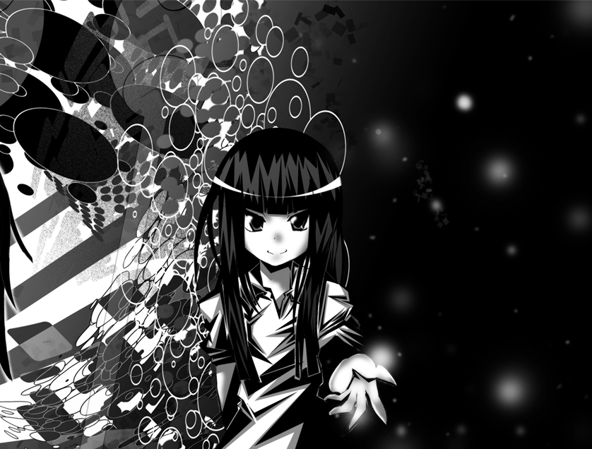 haruhara, monoe, yume nikki, bad id, bad pixiv id, 1girl, abstract, blunt bangs, dress, female focus, greyscale, long sleeves, looking at viewer, monochrome, outstretched arms, sidelocks, solo, upper body