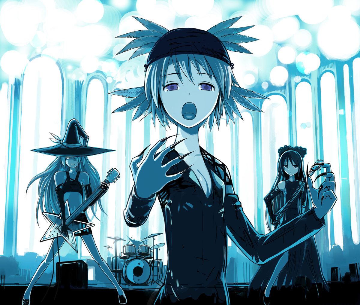 yuugiri (artist), yuugiri (u-slash), hakurei reimu, ibuki suika, kirisame marisa, mystia lorelei, touhou, bad id, bad pixiv id, 4girls, alternate costume, band (music), blue theme, claws, contemporary, drum, drum set, elbow gloves, feathers, female focus, fingernails, flat chest, gloves, guitar, hat, instrument, long fingernails, long hair, midriff, monochrome, multiple girls, music, no wings, singing, witch hat