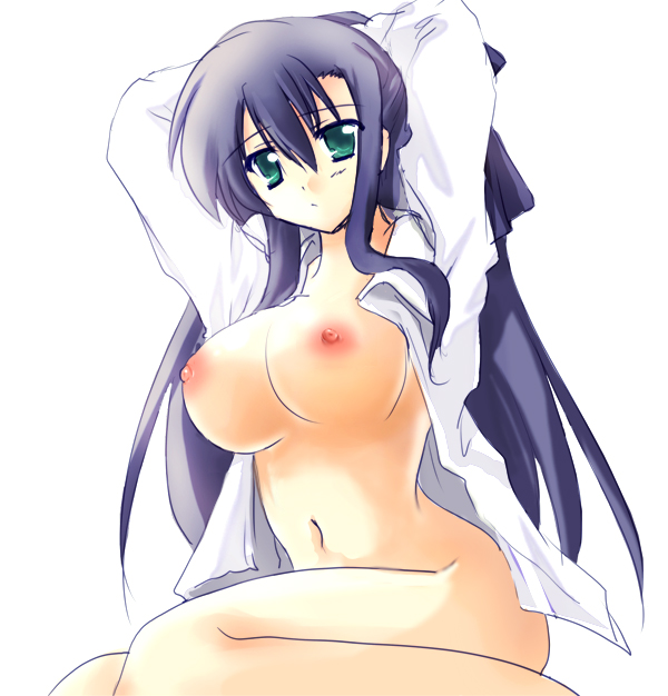 kimura shuuichi, ginga nakajima, lyrical nanoha, mahou shoujo lyrical nanoha, mahou shoujo lyrical nanoha strikers, bad id, bad pixiv id, 00s, 1girl, blue hair, bottomless, breasts, female focus, green eyes, large breasts, nipples, no panties, open clothes, open shirt, purple hair, shirt, solo
