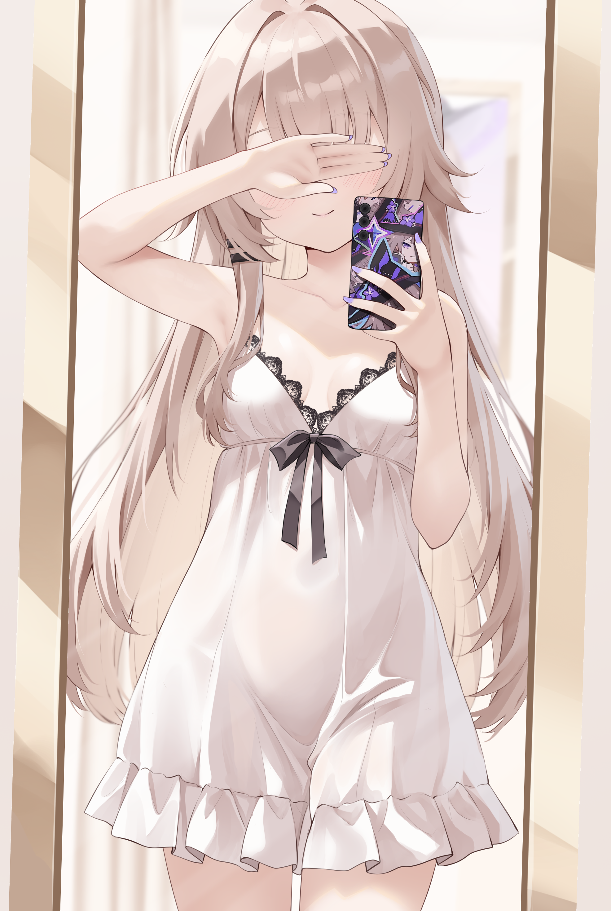 kianata, herta (honkai: star rail), the herta (honkai: star rail), honkai: star rail, honkai (series), absurdres, highres, 1girl, alternate costume, babydoll, bare arms, bare shoulders, black ribbon, breasts, brown hair, cellphone, closed mouth, collarbone, covered groin, covering own eyes, cowboy shot, empire waist, facing viewer, fingernails, frilled babydoll, frills, hair flaps, hair intakes, hair ornament, hairclip, holding, holding phone, lace-trimmed babydoll, lace trim, light blush, long hair, mirror, mirror selfie, nail polish, palms, parallel hairclips, petite, phone, purple nails, reflection, reflection focus, ribbon, selfie, small breasts, smartphone, smartphone case, smile, solo, standing, straight hair, very long hair, white babydoll
