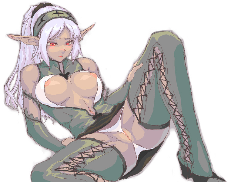 sasagawa (haikaiki), original, light purple hair, 1girl, boots, breasts, cleavage, dark-skinned female, dark skin, elf, female focus, hairband, large breasts, long hair, lying, navel, nipples, open clothes, open shirt, panties, pointy ears, pussy, red eyes, shirt, simple background, sketch, solo, spread legs, thigh boots, thighhighs, uncensored, underwear, upskirt, wedgie, white panties