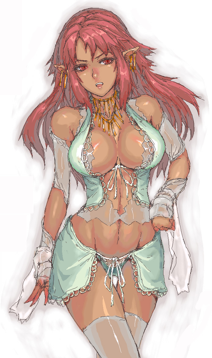 sasagawa (haikaiki), original, 1girl, breasts, cleavage, dark-skinned female, dark skin, earrings, elf, female focus, groin, jewelry, large breasts, lingerie, long hair, midriff, navel, necklace, open mouth, panties, pointy ears, red eyes, red hair, solo, thigh gap, thighhighs, underwear
