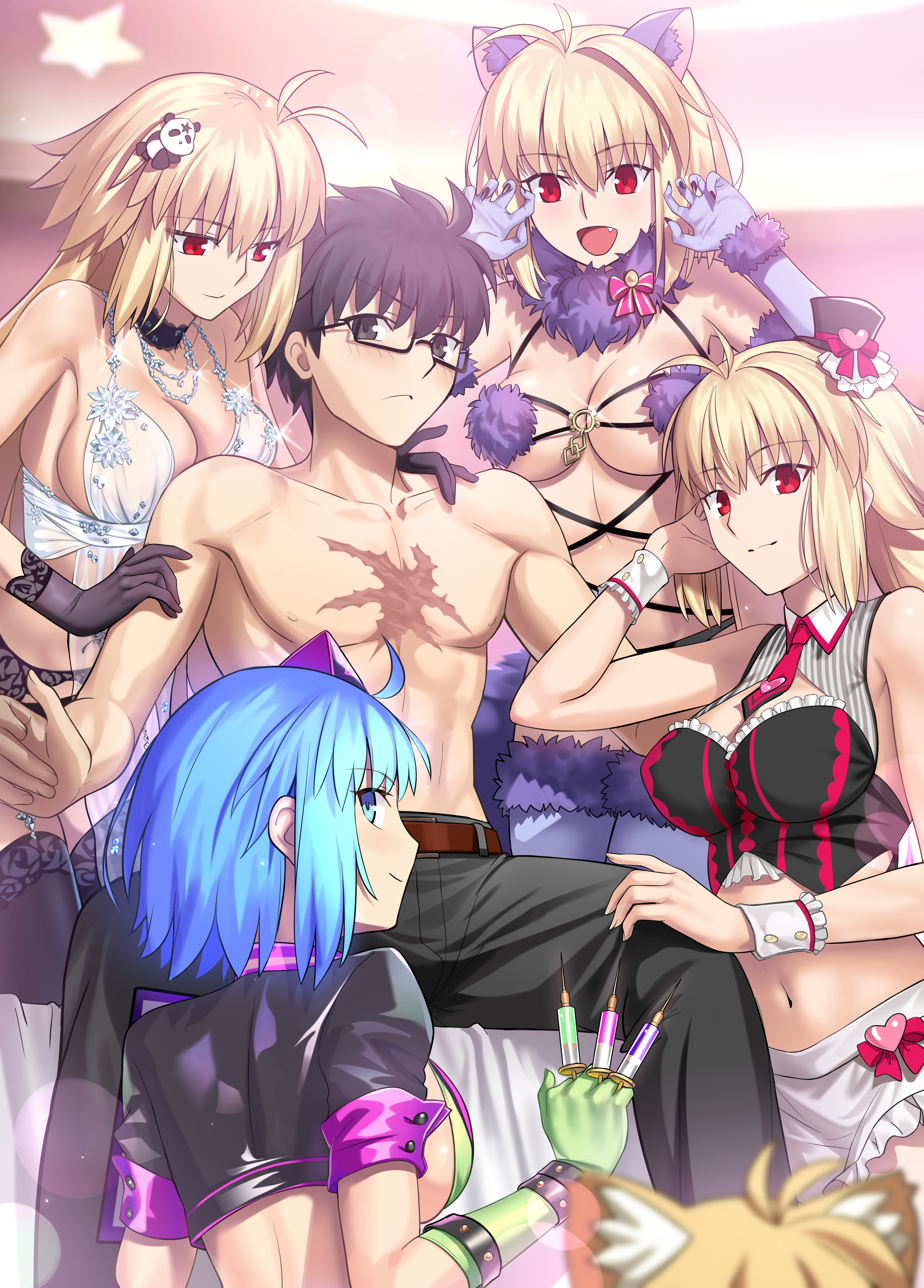 besmiled, archetype earth, arcueid brunestud, ciel (tsukihime), star ciel (fate), tohno shiki, fate/grand order, fate (series), melty blood, tsukihime, c.i.e.l (fate), absurdres, commission, highres, pixiv commission, 1boy, 5girls, ahoge, bare shoulders, black eyes, black hair, blonde hair, blue eyes, blue hair, blush, breasts, cleavage, glasses, large breasts, long hair, looking at viewer, multiple girls, multiple persona, red eyes, scar, scar on chest, short hair, thighs, very long hair
