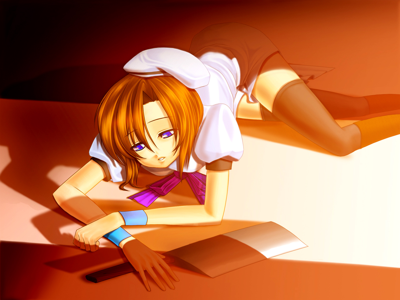 karyuu, ryuuguu rena, higurashi no naku koro ni, bad id, bad pixiv id, 00s, 1girl, billhook, blue eyes, bow, dress, female focus, hat, hatchet, nata (tool), orange hair, short hair, solo, thighhighs, wristband, zettai ryouiki