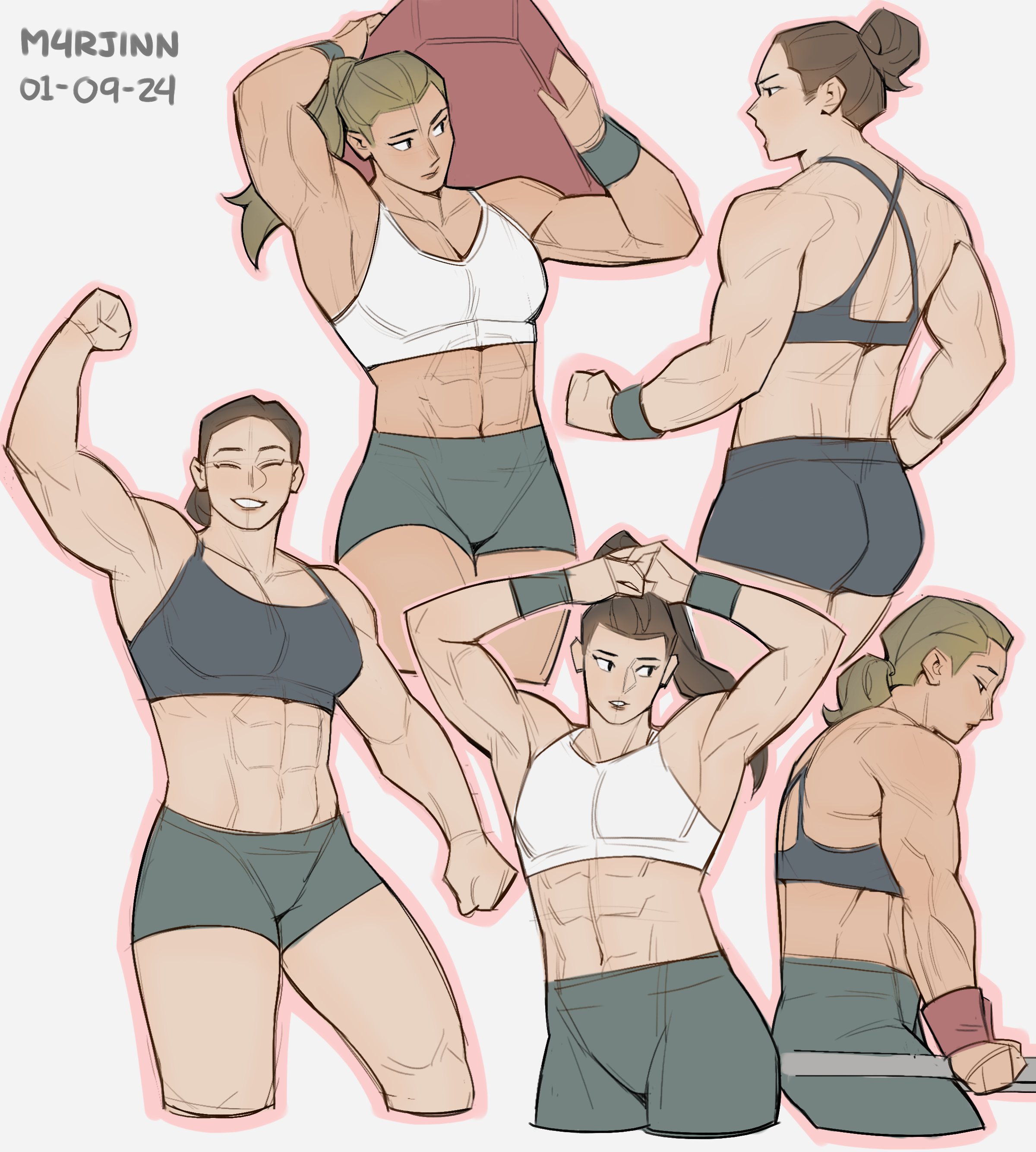 m4rjinn, original, absurdres, art study, commentary, english commentary, highres, 2girls, abs, adjusting hair, arm up, artist name, ass, bare shoulders, blonde hair, bracelet, breasts, brown hair, cleavage, clenched hand, closed eyes, closed mouth, collarbone, cowboy shot, dated, dated commentary, from behind, from side, grey shorts, grey sports bra, hair bun, holding, jewelry, looking at another, looking to the side, medium hair, midriff, multiple bracelets, multiple girls, multiple views, muscular, muscular female, navel, nose, outline, parted lips, pink outline, ponytail, profile, shorts, simple background, small breasts, smile, sports bra, teeth, white background, white sports bra